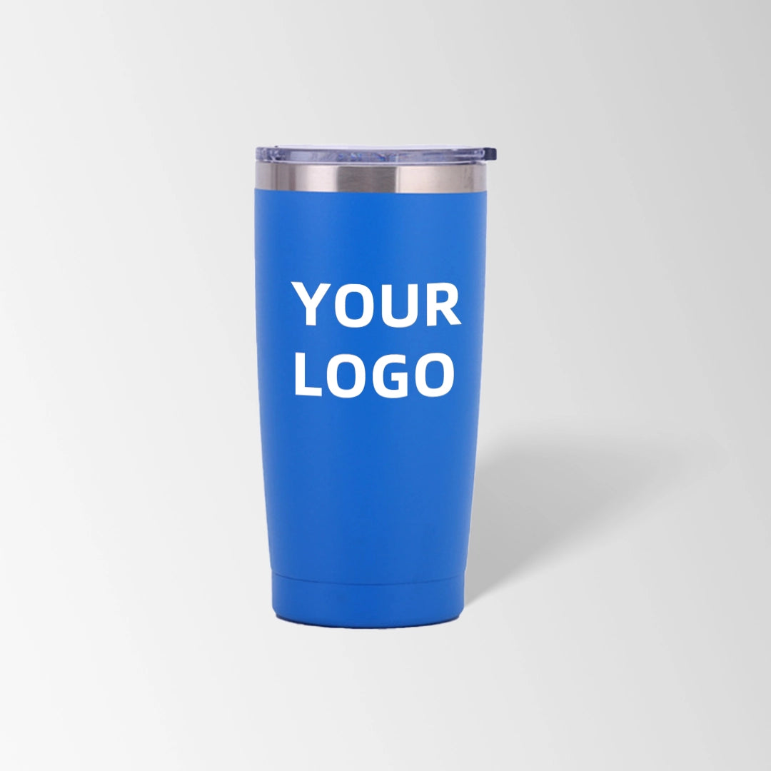 Blue vacuum insulated tumbler custom logo