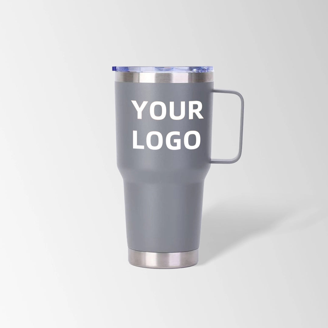 Grey tumbler with handle custom logo