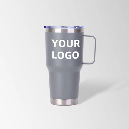 Grey tumbler with handle custom logo