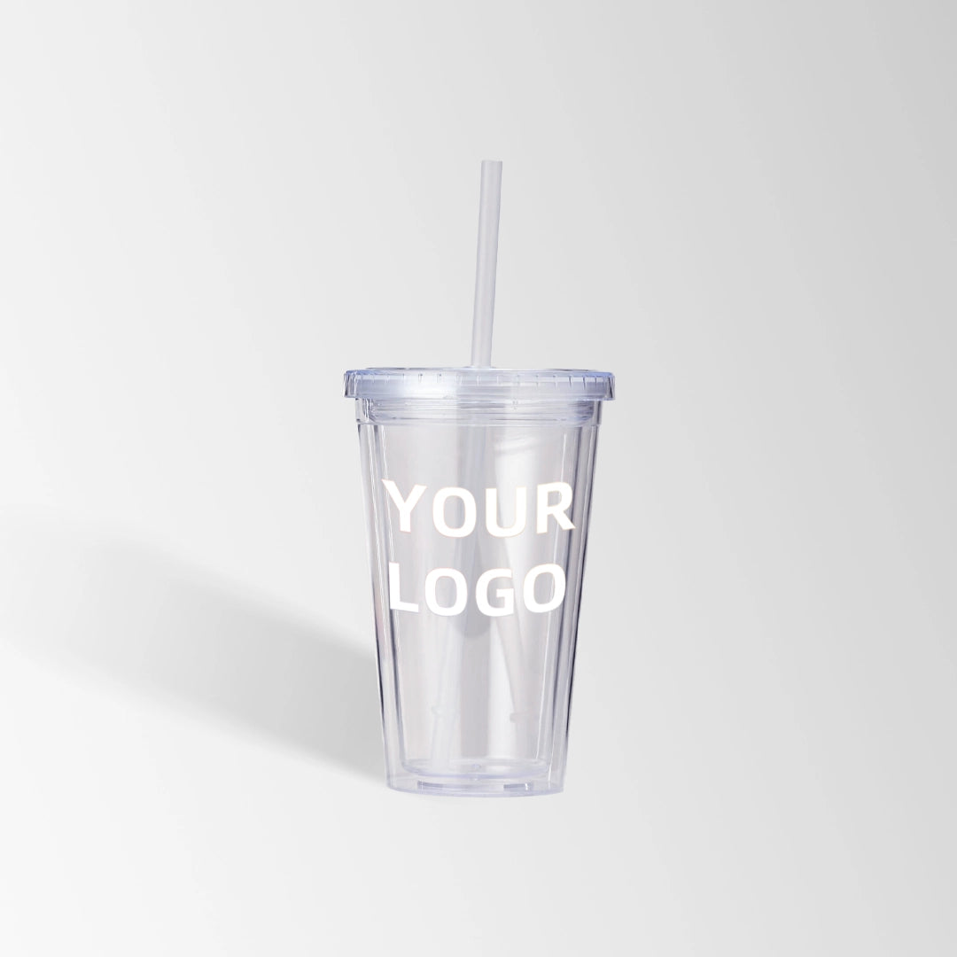 16 oz. clear plastic tumbler with straw custom logo