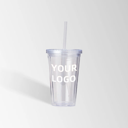 16 oz. clear plastic tumbler with straw custom logo