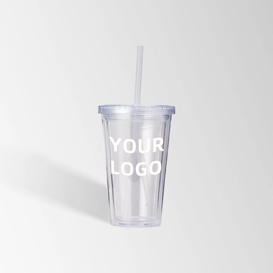 16 oz. clear plastic tumbler with straw custom logo