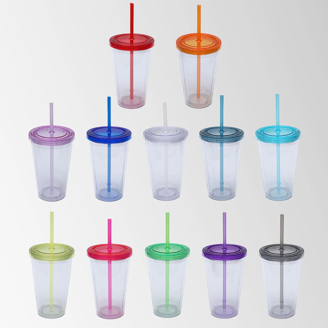 multi color plastic tumblers with lid and straw collection