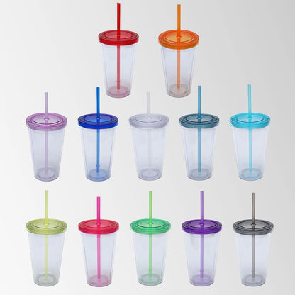 multi color plastic tumblers with lid and straw collection