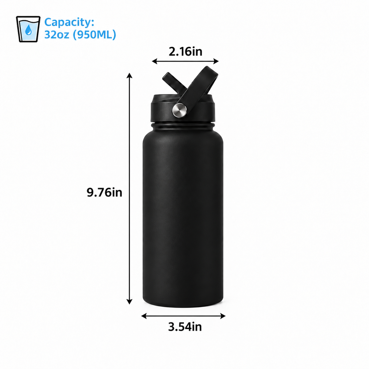 32 oz black stainless steel water bottle with straw lid size and capacity chart