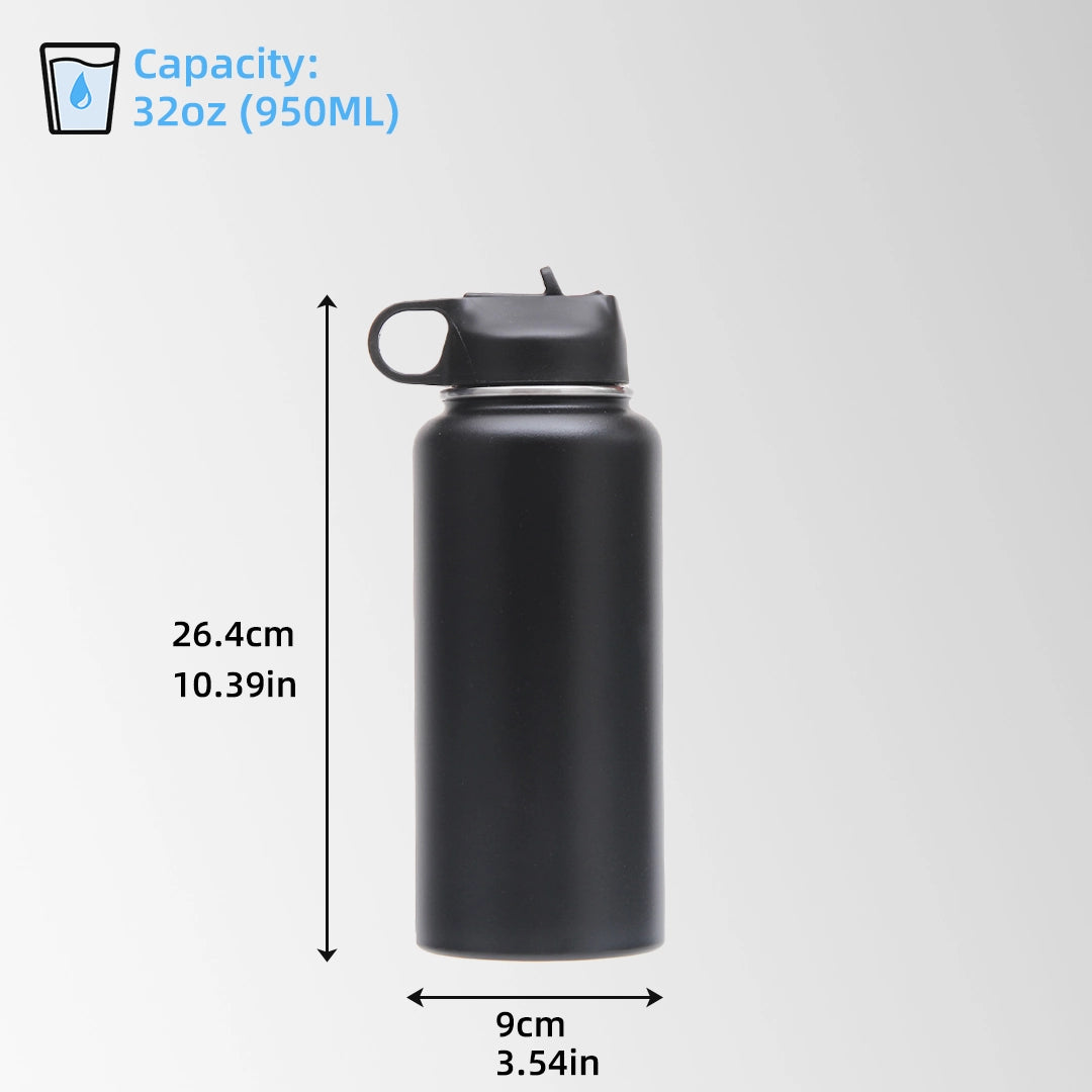 32 oz black stainless steel water bottle with straw lid size and capacity chart