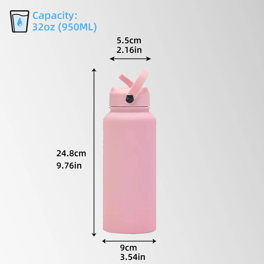 32 oz pink stainless steel water bottle with straw lid size and capacity chart