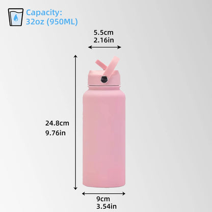 32 oz pink stainless steel water bottle with straw lid size and capacity chart