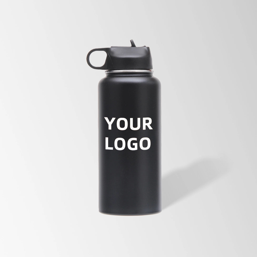 32 oz. black stainless steel water bottle with straw lid and handle