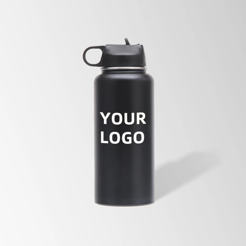 32 oz. black stainless steel water bottle with straw lid and handle