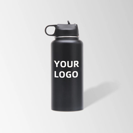 32 oz. black stainless steel water bottle with straw lid and handle