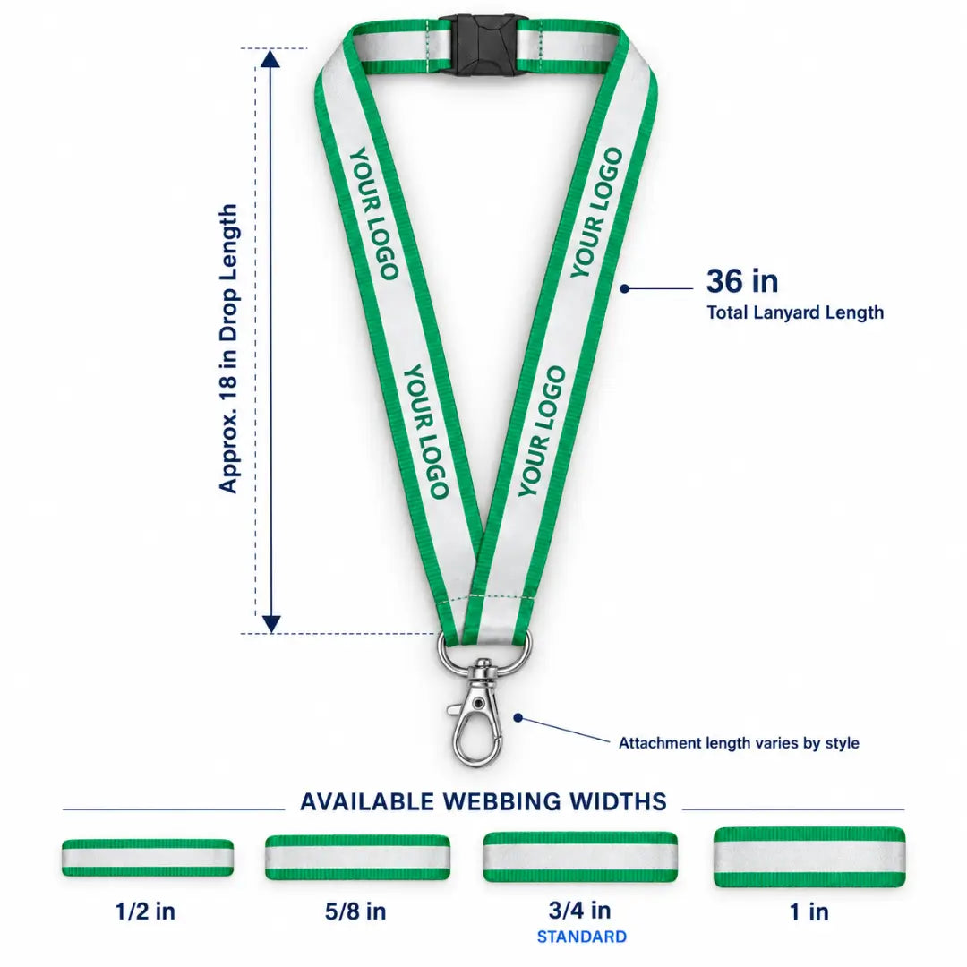 36-inch custom reflective lanyard with four width options