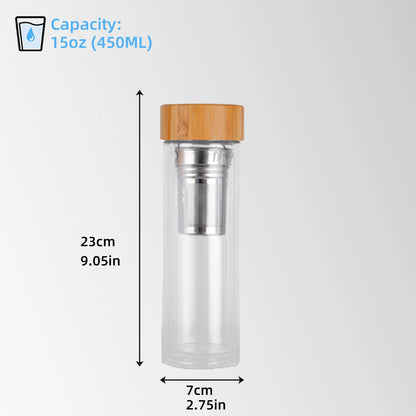 15 oz. Glass Water Bottle with Tea Infuser Size Dimensions