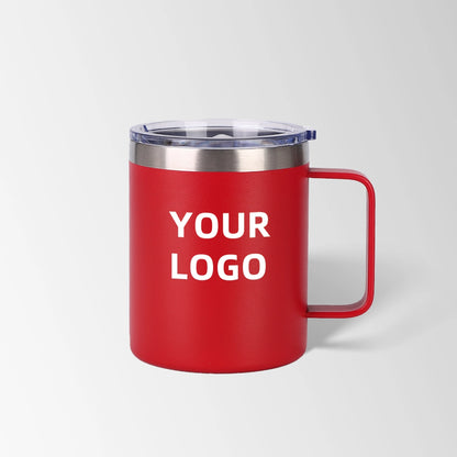 Red insulated coffee mug with lid custom logo