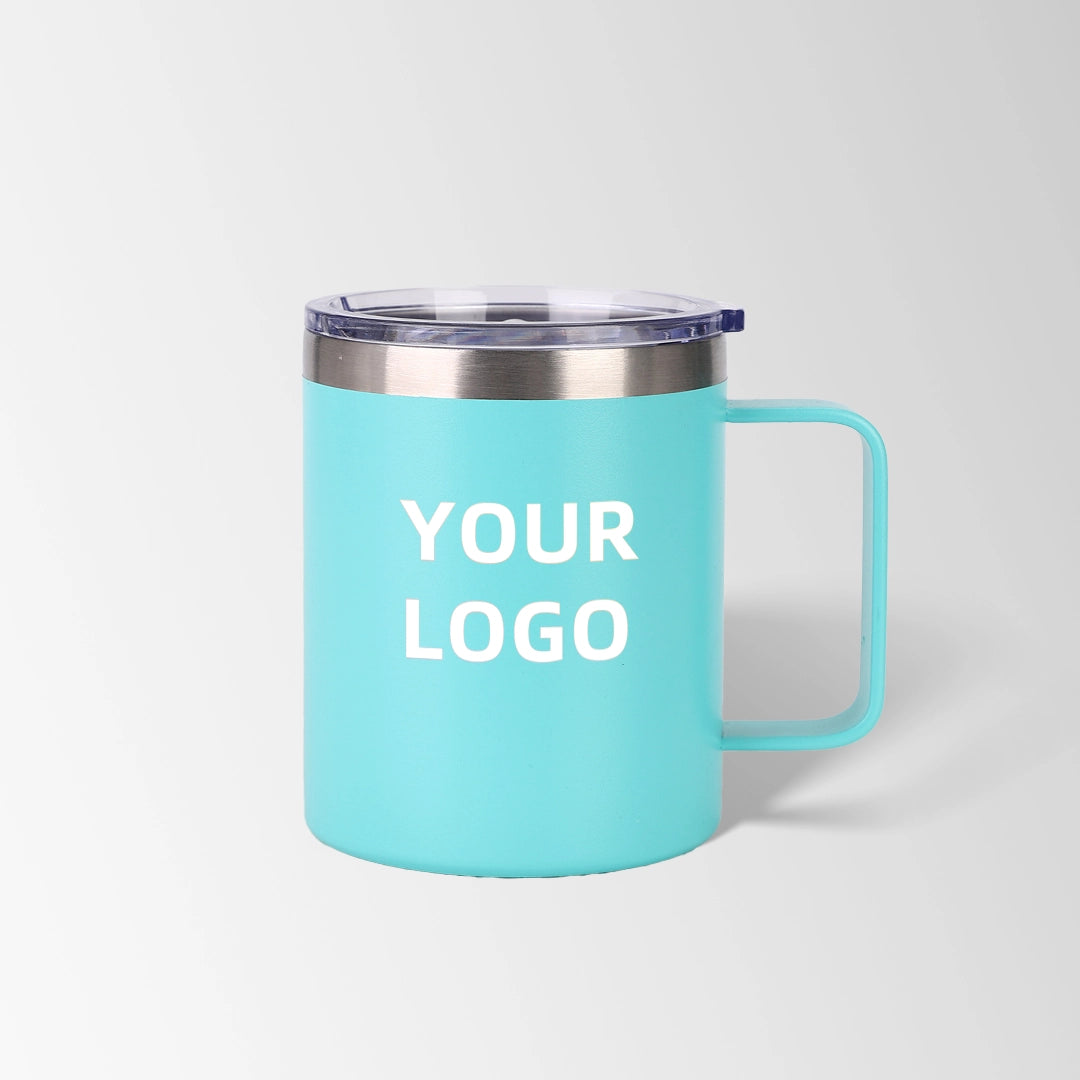 Sky blue insulated coffee mug with lid custom logo