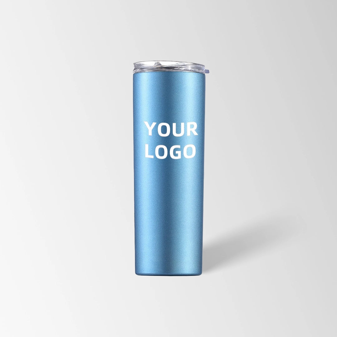 Matte blue skinny tumbler custom logo