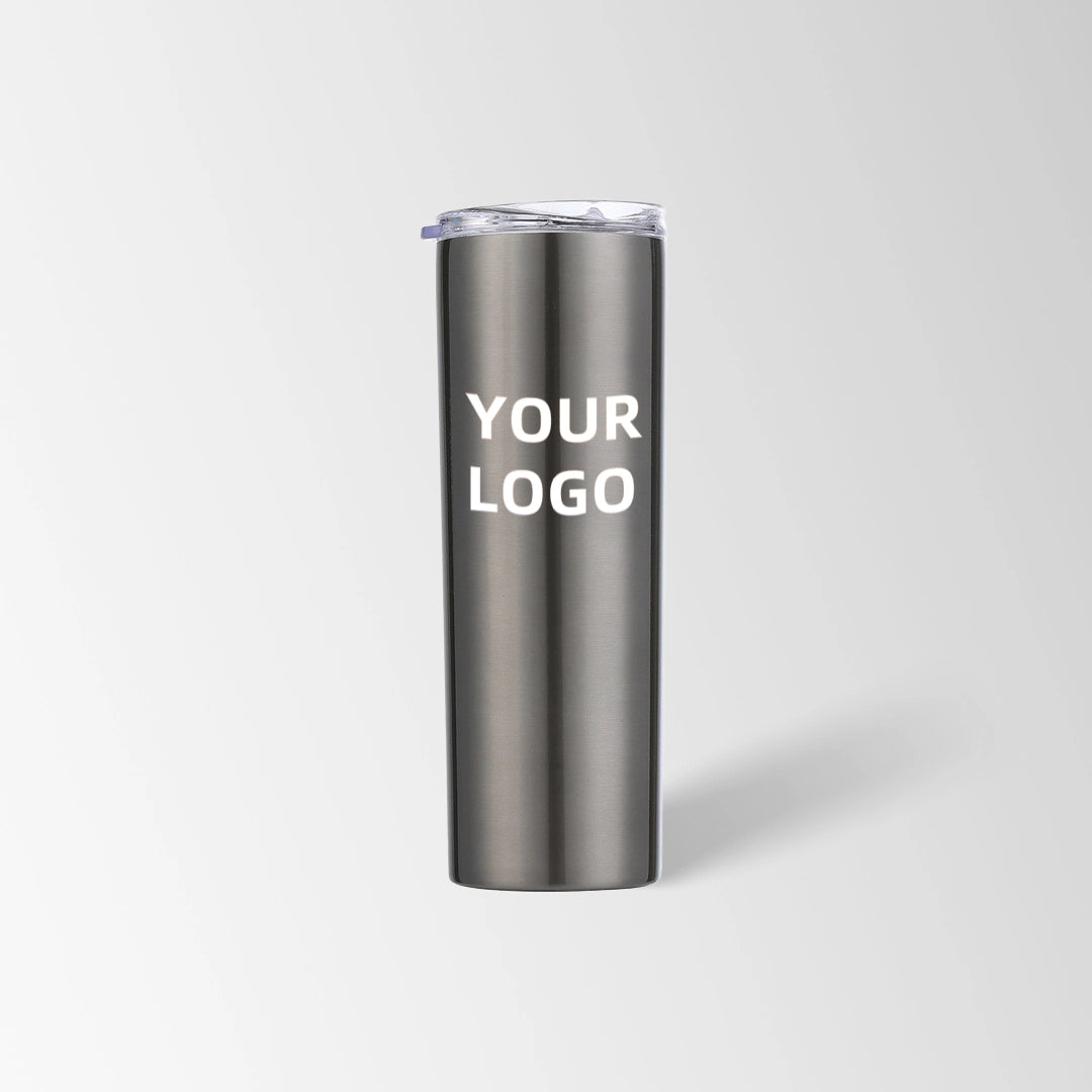 Gray skinny tumbler custom logo