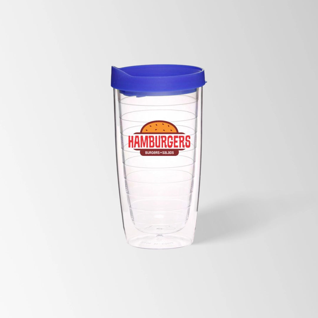 clear plastic tumbler with blue lid custom logo