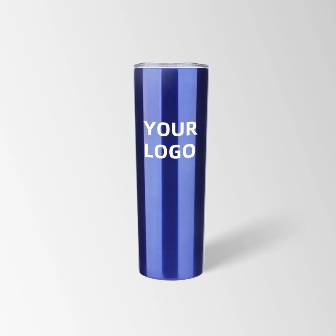 Blue skinny tumbler custom logo