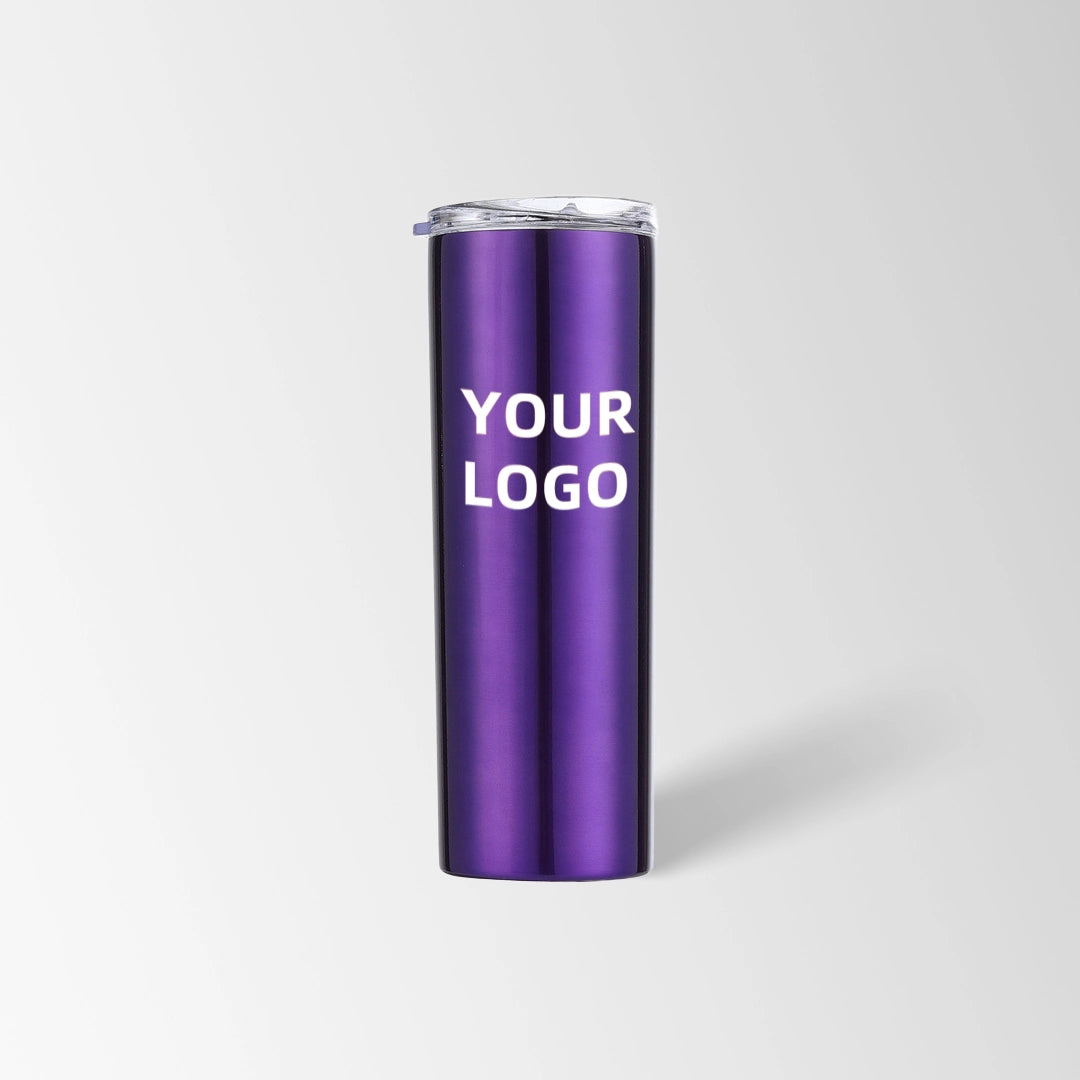 Purple skinny tumbler custom logo