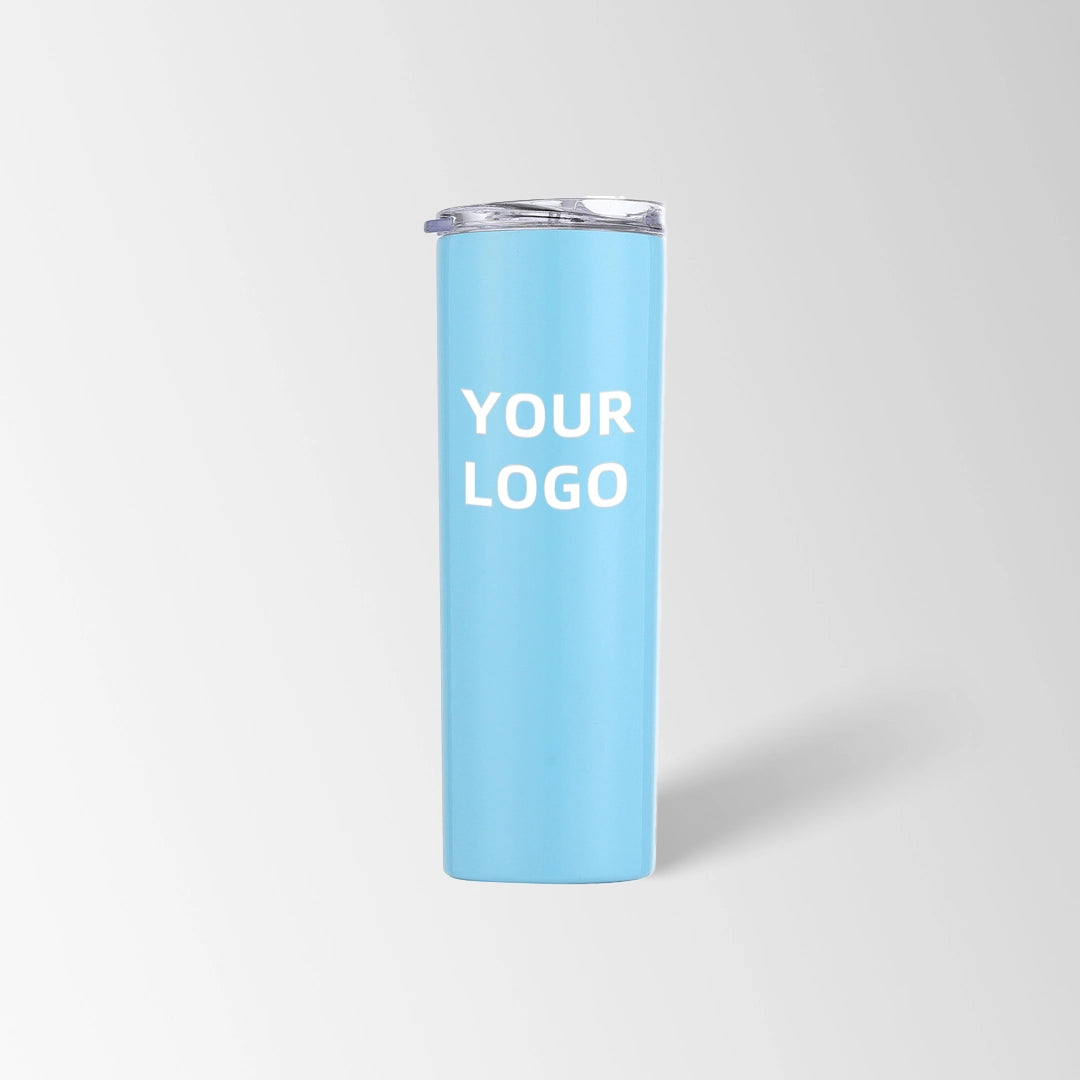 Light blue skinny tumbler custom logo