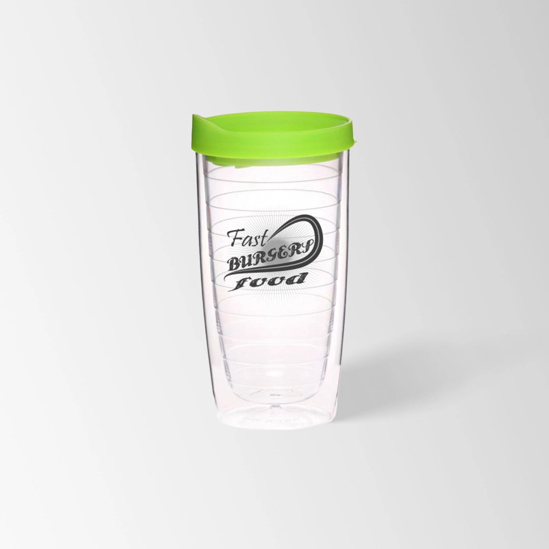 clear plastic tumbler with green lid custom logo