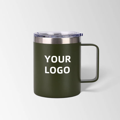Olive green insulated coffee mug with lid custom logo