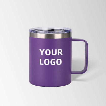 Purple insulated coffee mug with lid custom logo