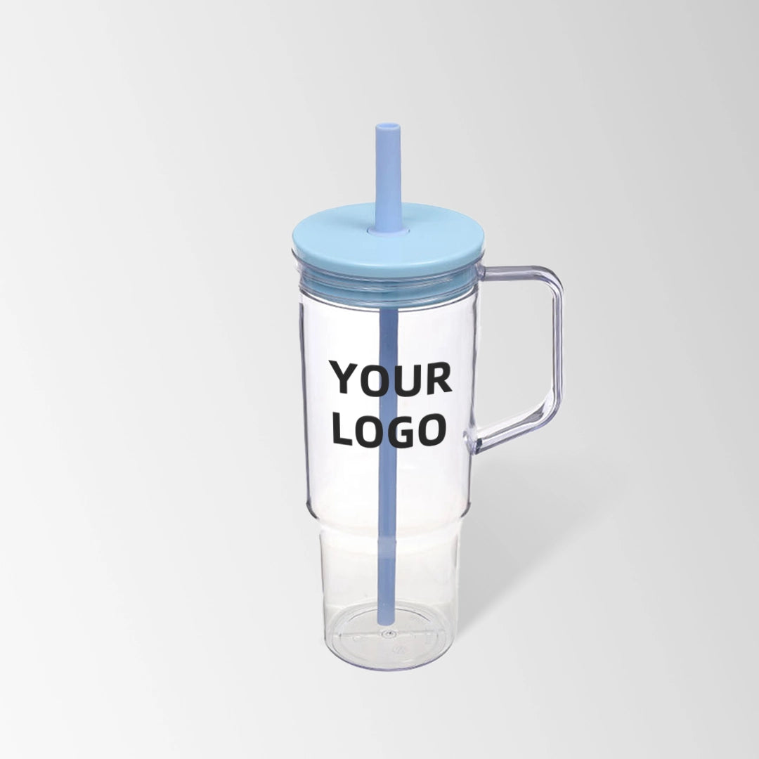 40 oz. light blue plastic tumbler with handle and straw custom logo