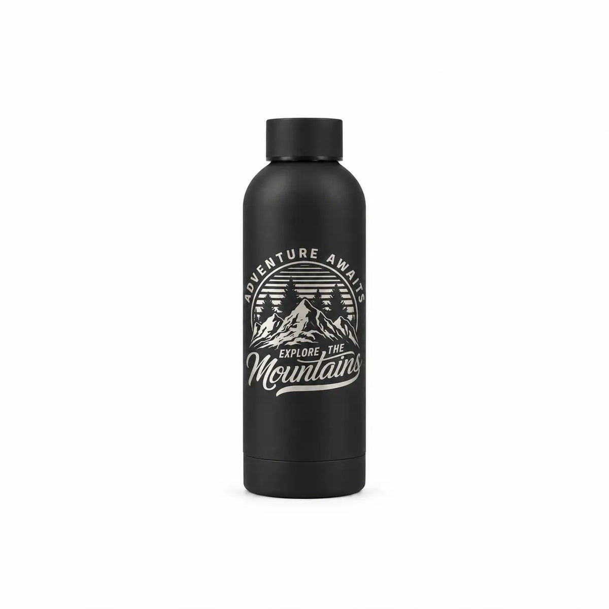 Black bottle with engraved mountain adventure graphic