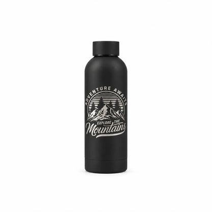 Black bottle with engraved mountain adventure graphic
