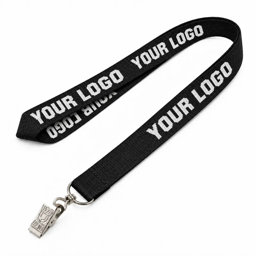 Black custom woven lanyard with logo