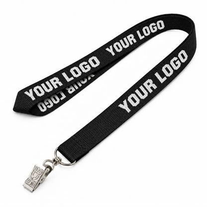 Black custom woven lanyard with logo