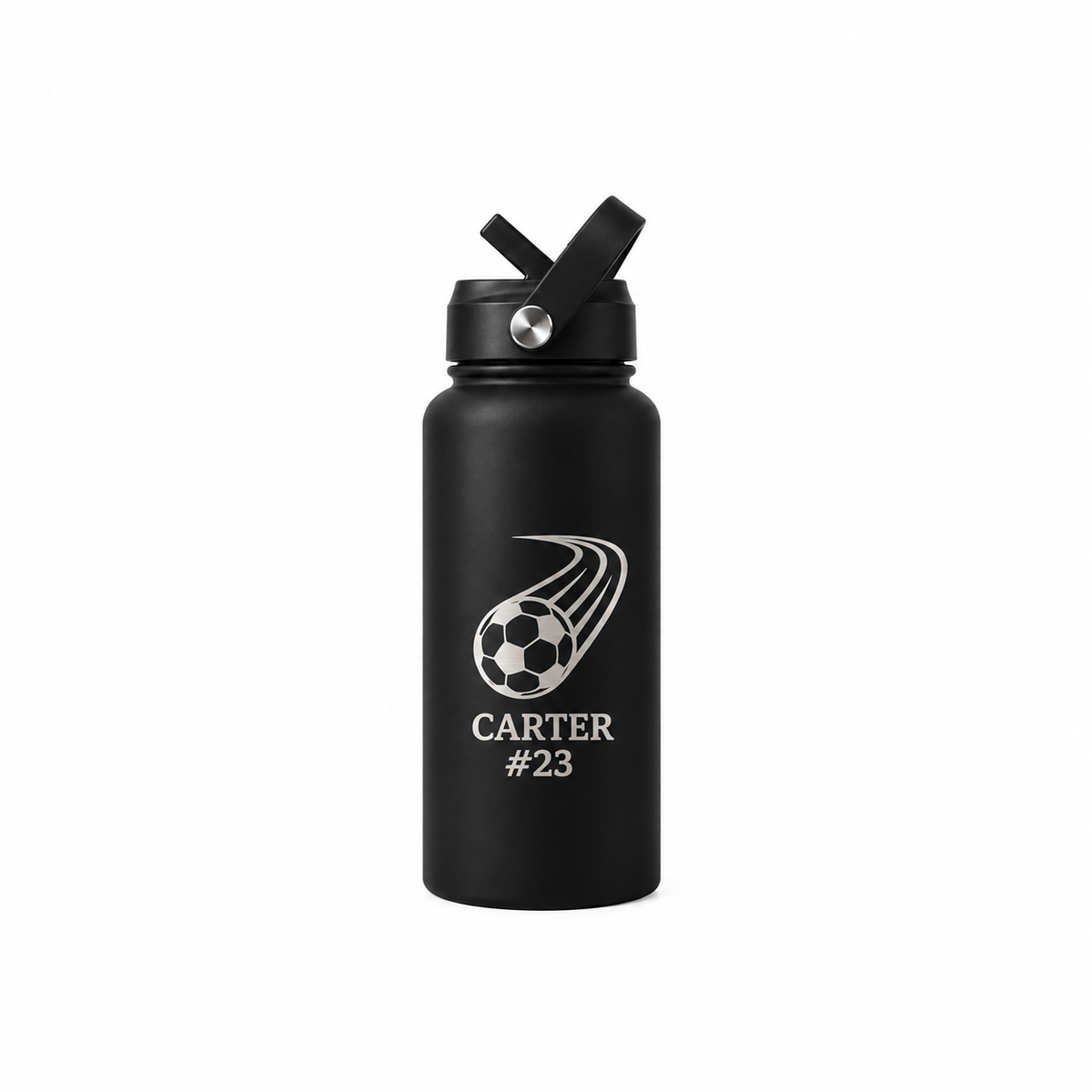 Black insulated water bottle, laser engraved soccer name design