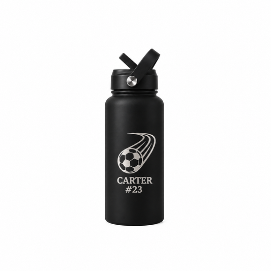 Black insulated water bottle, laser engraved soccer name design