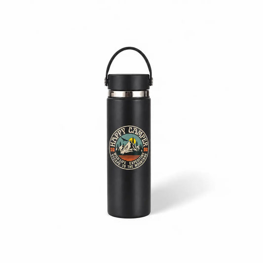 Black insulated water bottle with Happy Camper mountain graphic print, carry handle lid
