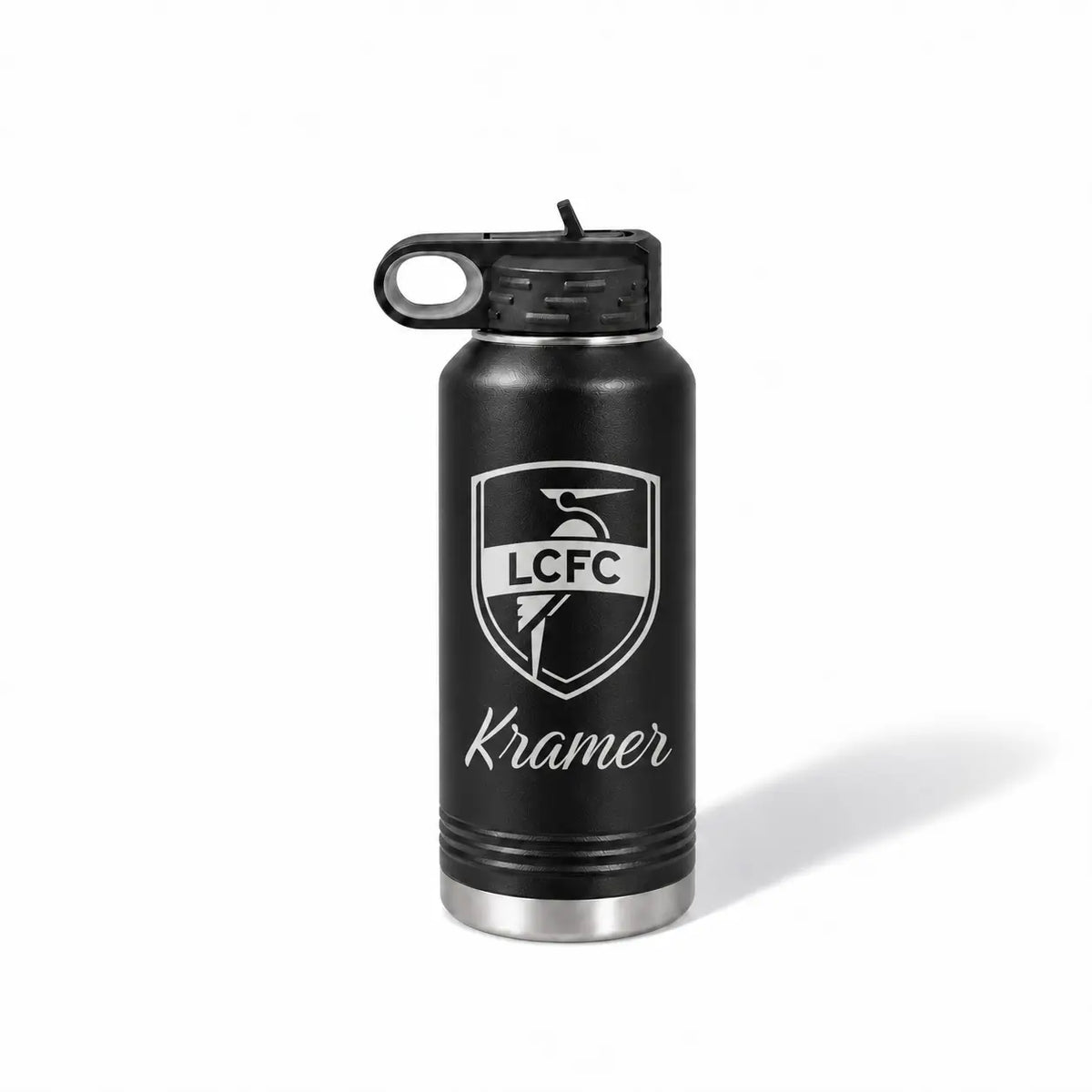 Black insulated water bottle with white printed LCFC shield logo and Kramer name