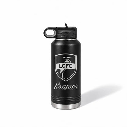Black insulated water bottle with white printed LCFC shield logo and Kramer name