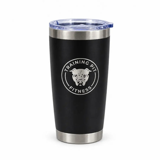 Black stainless steel tumbler with laser engraved custom dog logo
