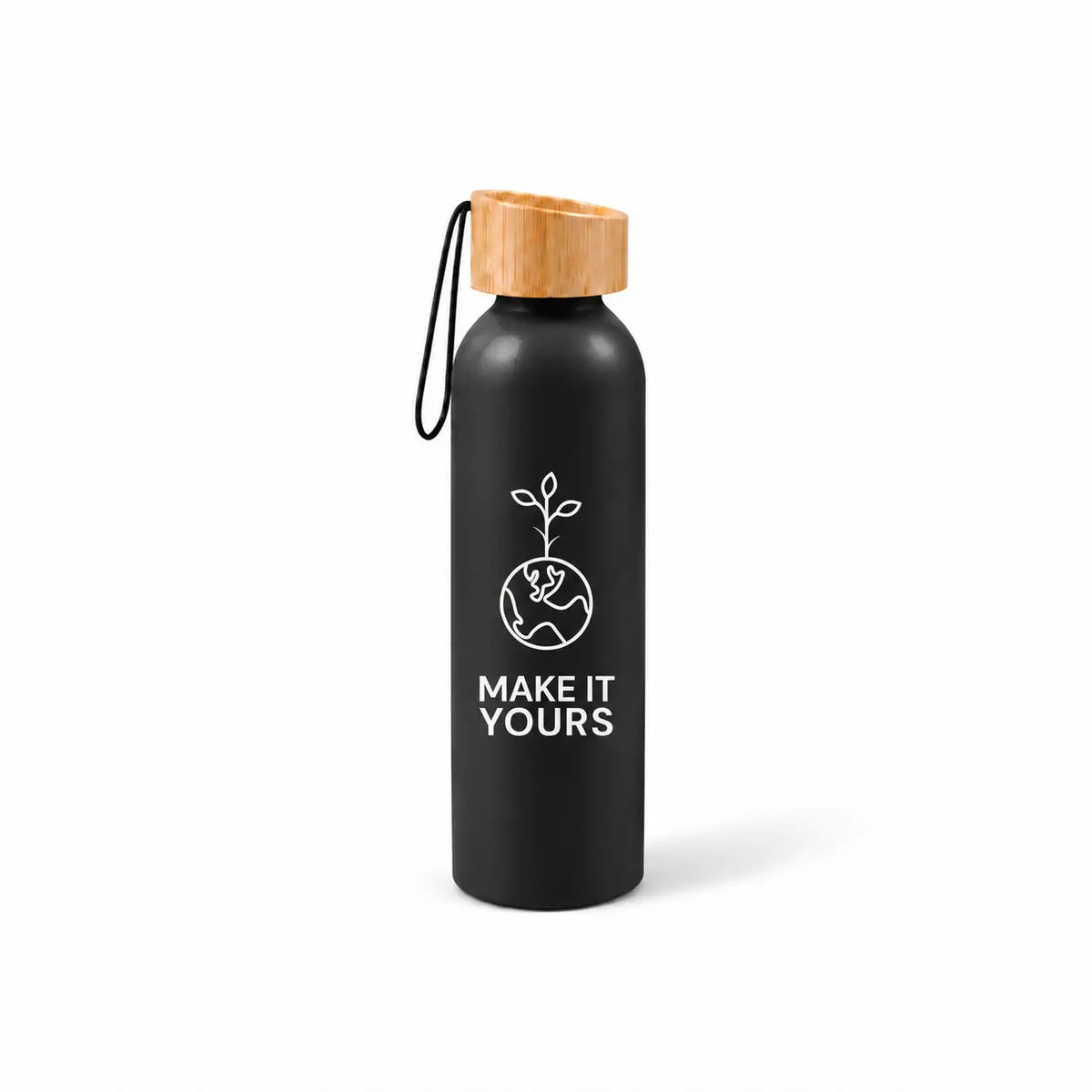 Black water bottle with bamboo lid, custom printed eco logo