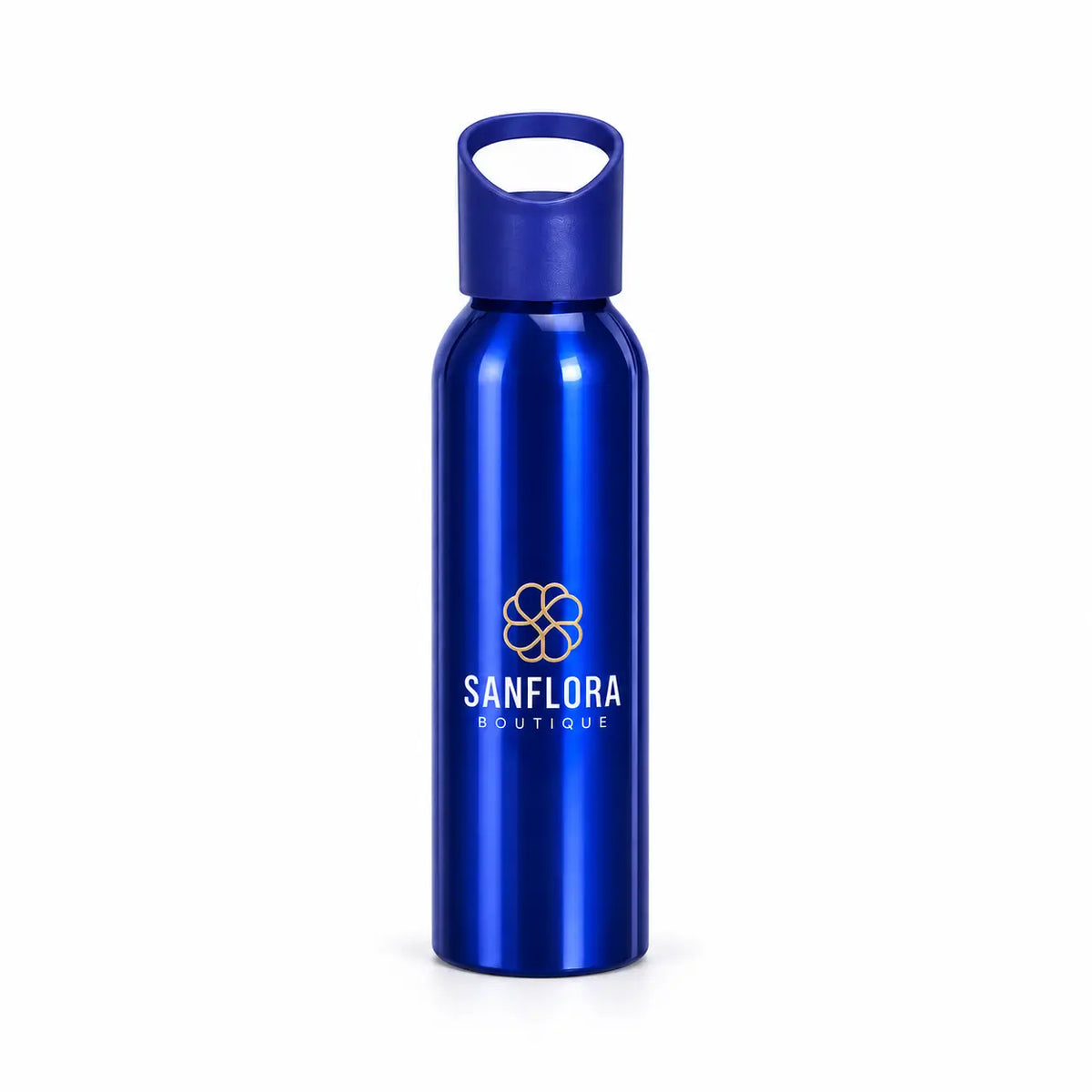 Blue aluminium water bottle with custom printed logo