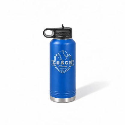 Blue insulated water bottle with laser engraved baseball coach Blevins logo