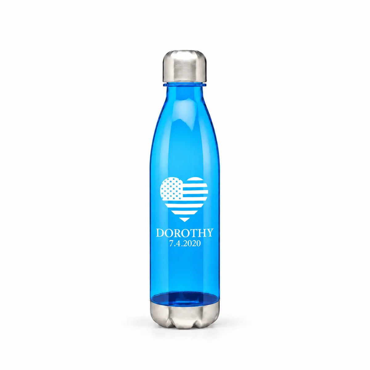Blue plastic water bottle with stainless steel caps and custom print