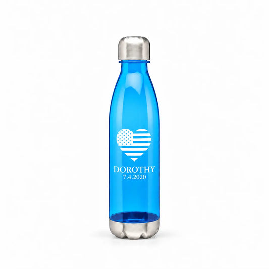 Blue plastic water bottle with stainless steel caps and custom print