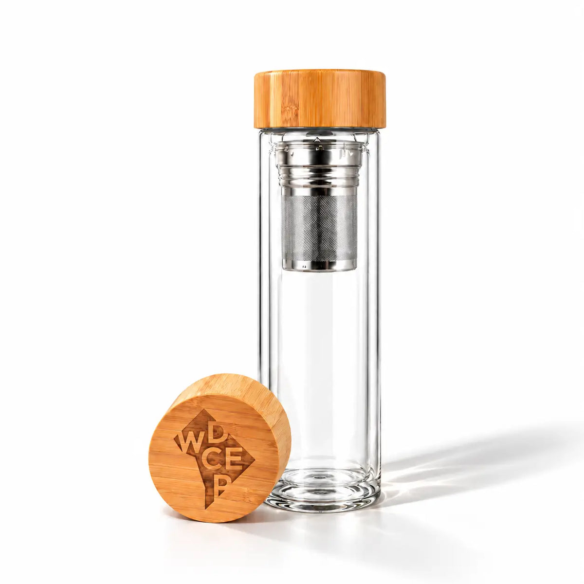 Branded double wall glass infuser bottle with engraved bamboo cap and tea strainer