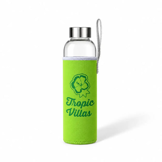 Branded glass bottle, stainless steel lid, neoprene sleeve with carry strap