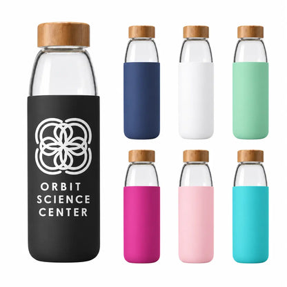 Branded glass water bottle, bamboo cap, colorful silicone protective sleeve