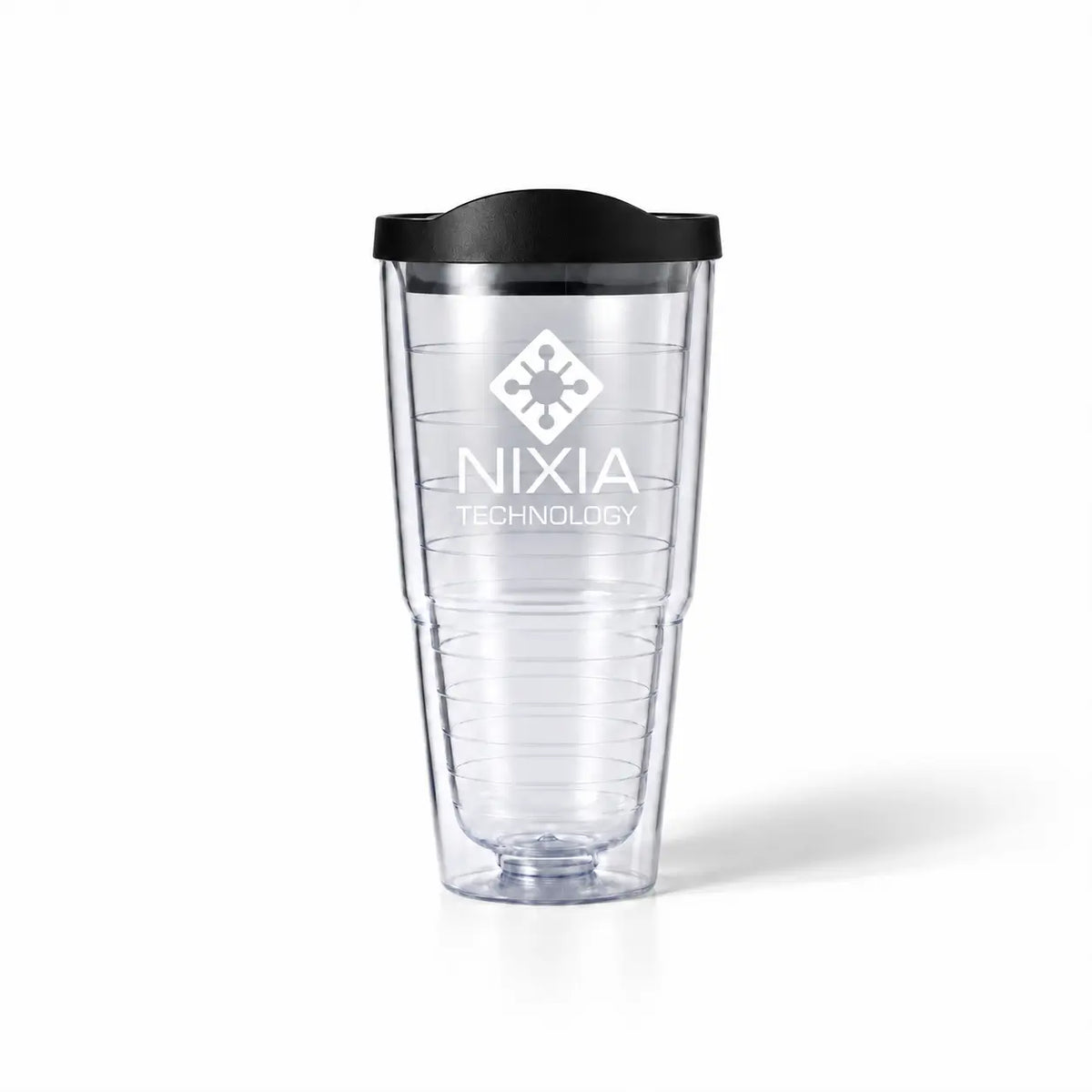 Clear double wall tumbler with black lid, custom white NIXIA TECHNOLOGY logo