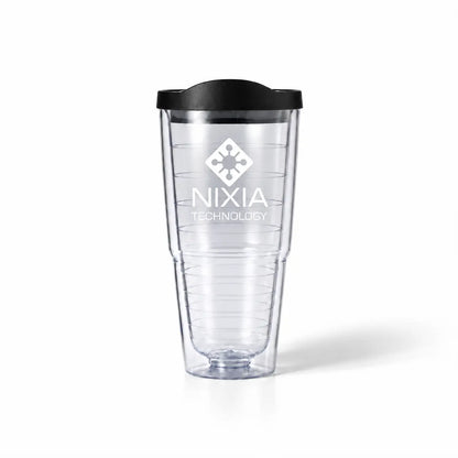 Clear double wall tumbler with black lid, custom white NIXIA TECHNOLOGY logo