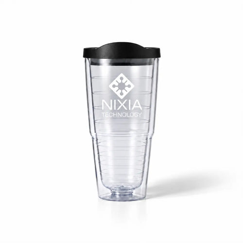 Clear double wall tumbler with black lid, custom white NIXIA TECHNOLOGY logo